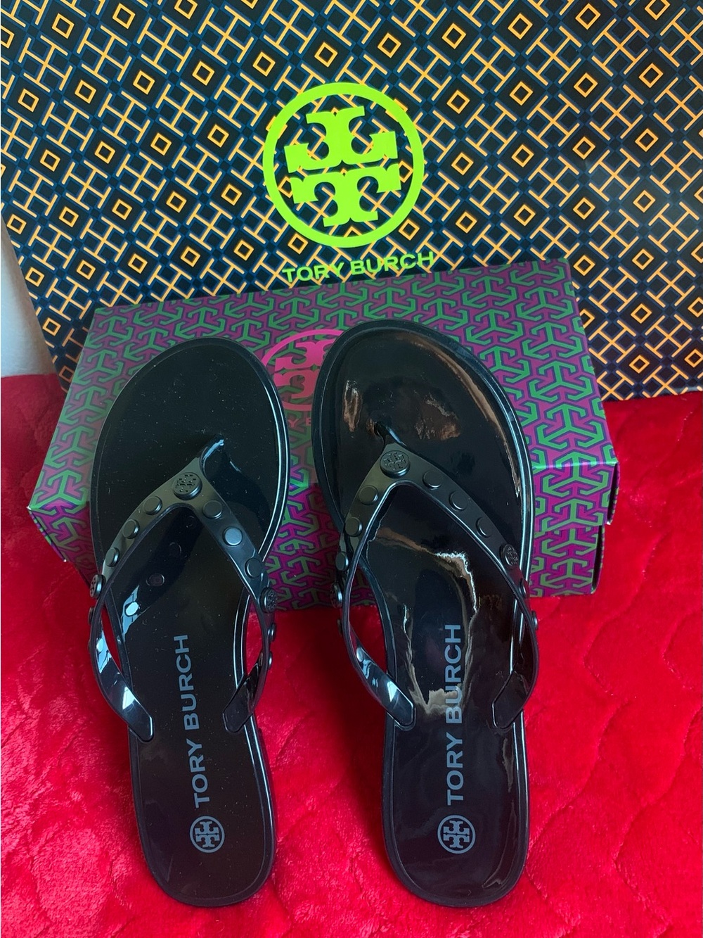 Tory Burch Black Patent Logo Jelly Flip Sandals